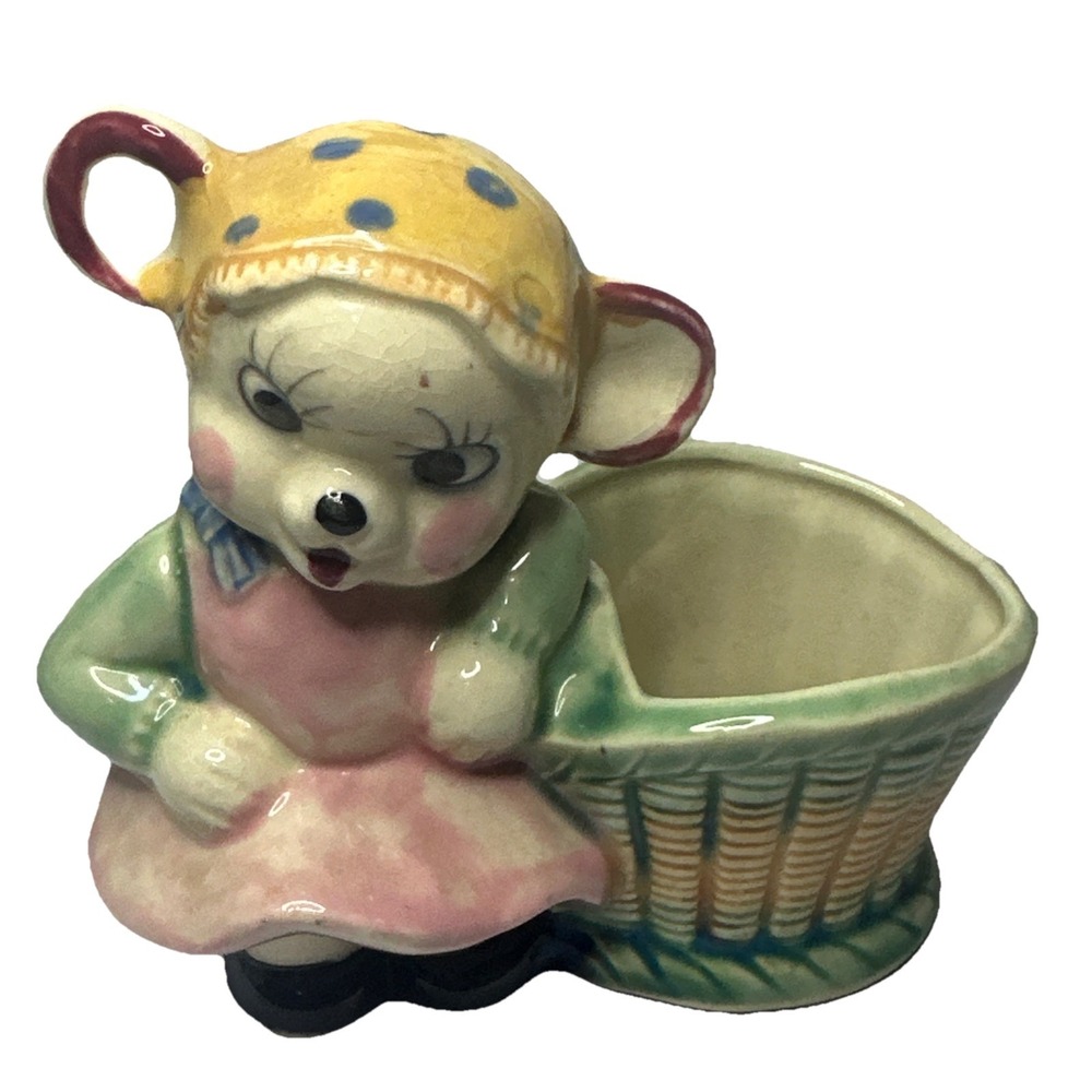 Vintage Ceramic Mouse Planter Girl Bonnet Anthropomorphic Japan Napco Style 6x5